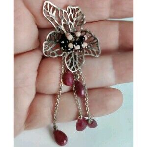 Vintage Lariat Dangle Pendant Black & Pink Center Red Faceted Dangle Stones 3"